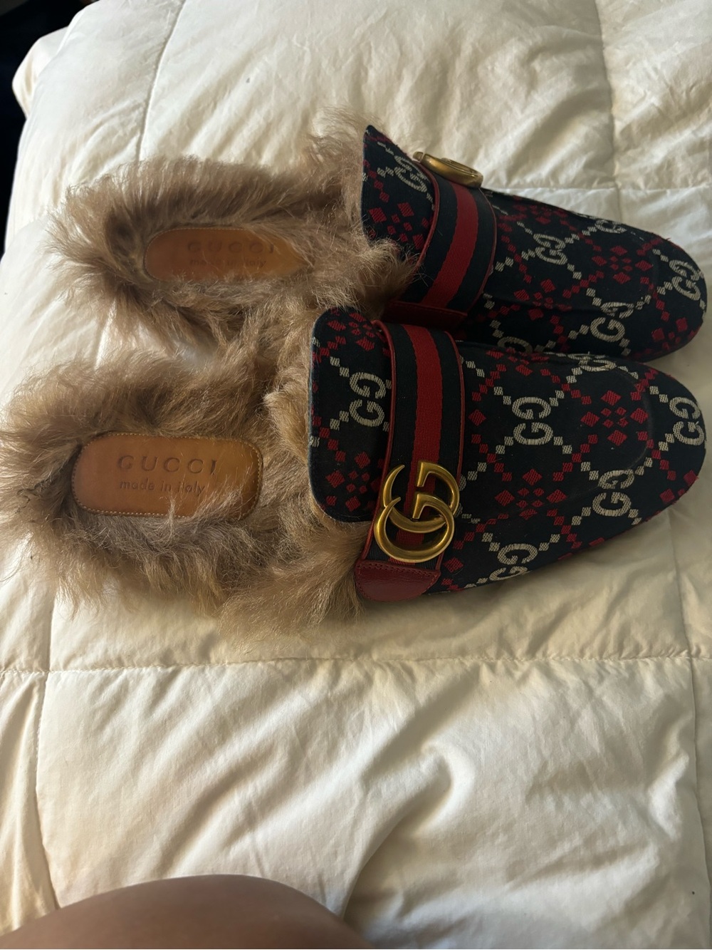 Gucci Navy & Red GG Canvas Fur-Lined Princetown Mule - Picture 3 of 3